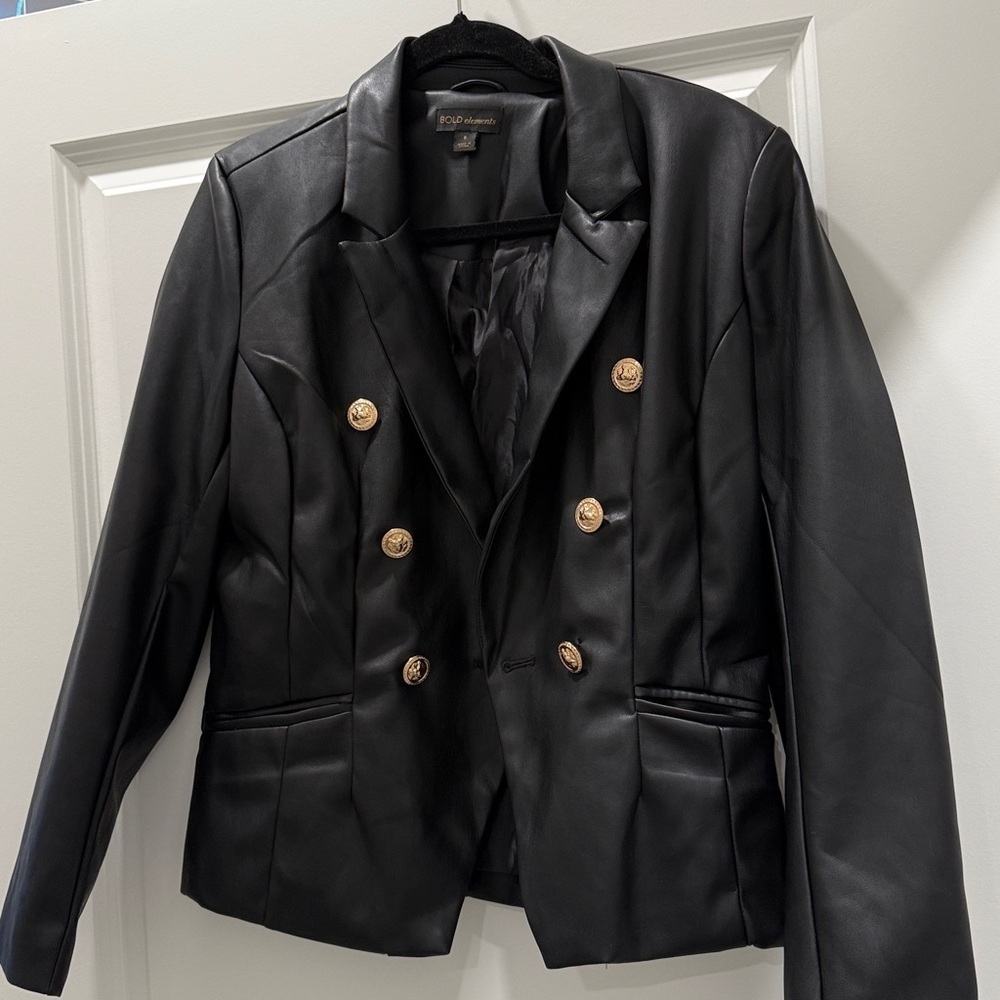 Bold Element Black Double-Breasted Women's faux Leather Jacket. Sz 6